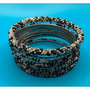 Beaded Lot of Bangle Bracelets Set Womens Black Silver Beaded Stackable 11pc